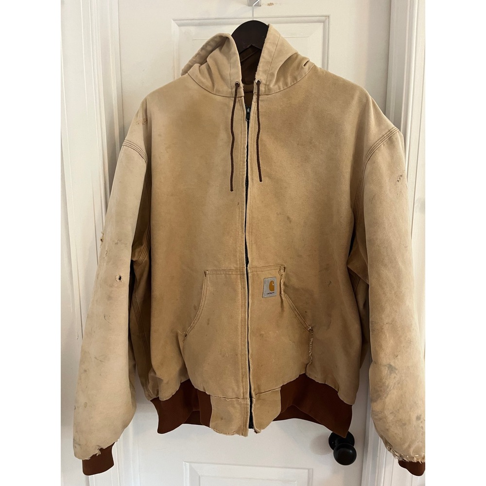 Carhartt Distressed Tan Canvas Active Jacket Hooded
